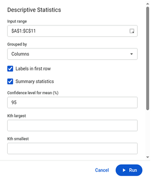 The Descriptive Statistics form: Input range $A$1:$C$11, Grouped by Columns, Labels in first row and Summary statistics ticked, and the Run button