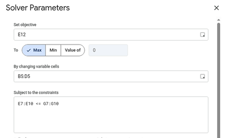 The top of the Solver Parameters dialog: Set objective E12, To Max, By changing variable cells B5:D5, and the constraint E7:E10 <= G7:G10 in the list